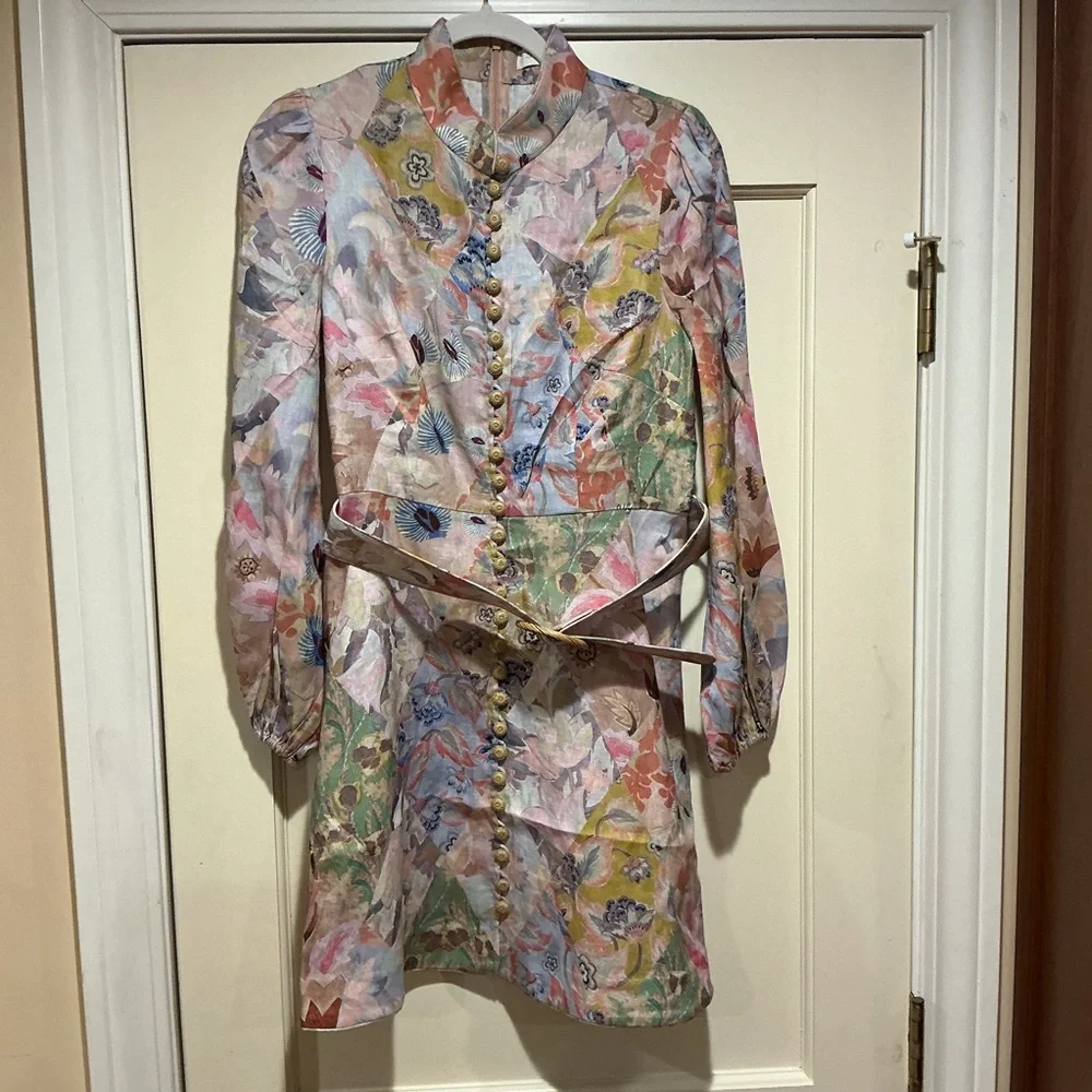 NWOT Zimmermann Belted Floral Print Linen Mini Dress Pastel Sz 3 - Picture 3 of 16